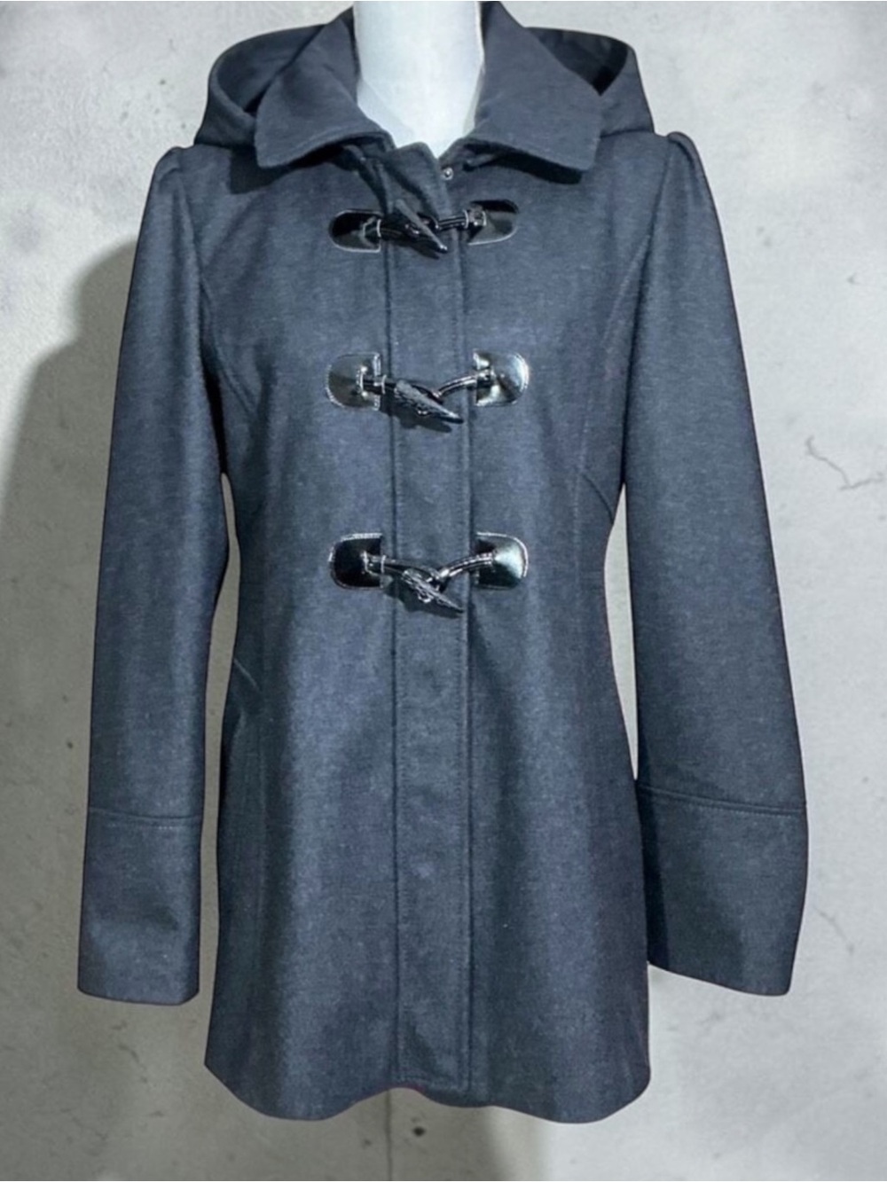 Guess Grey Button & Zip Up Hooded Puffer Babydoll Peacoat Jacket Coat